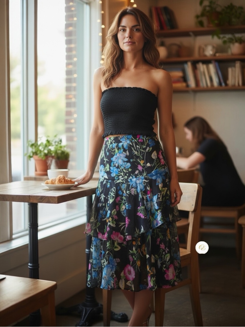 MISA Black Floral High-Low Ruffle Skirt | Silk Chiffon Tiered | Size S
